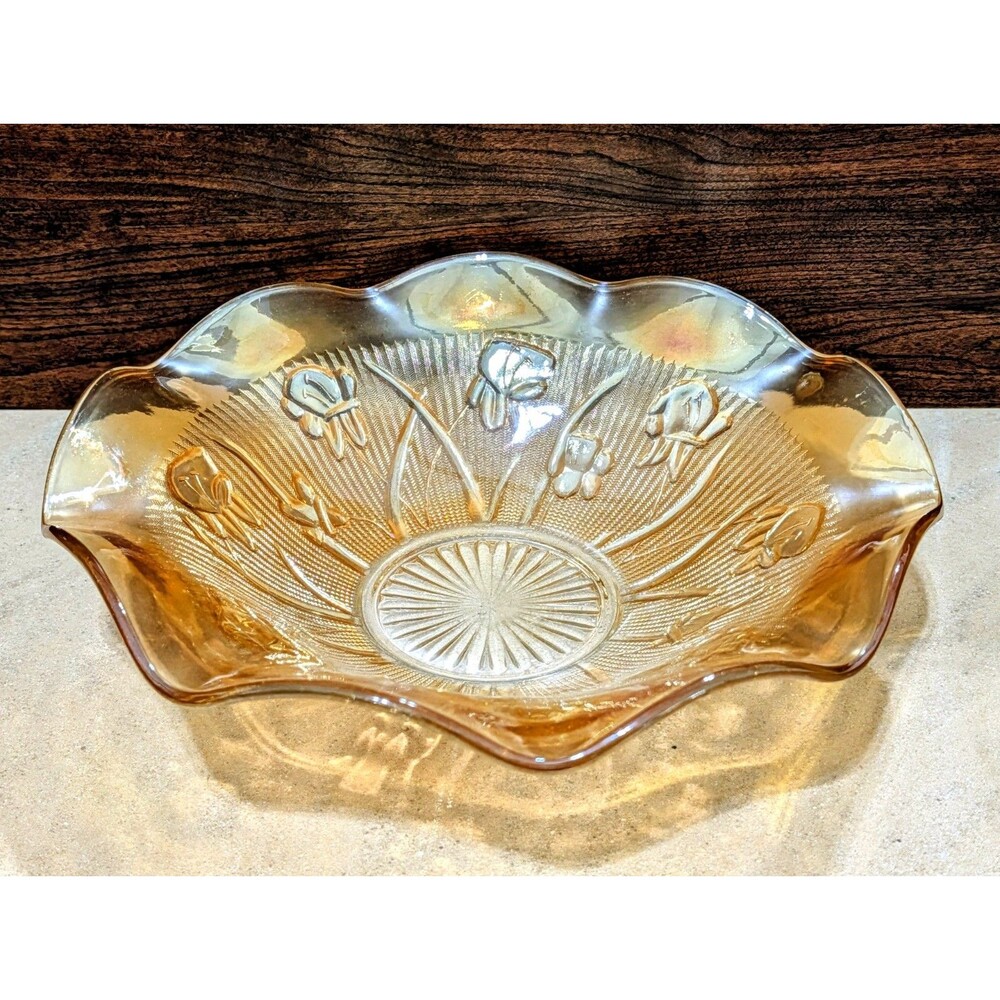 Vintage Jeanette Glass Iris Herringbone Marigold Carnival Large Bowl Depression